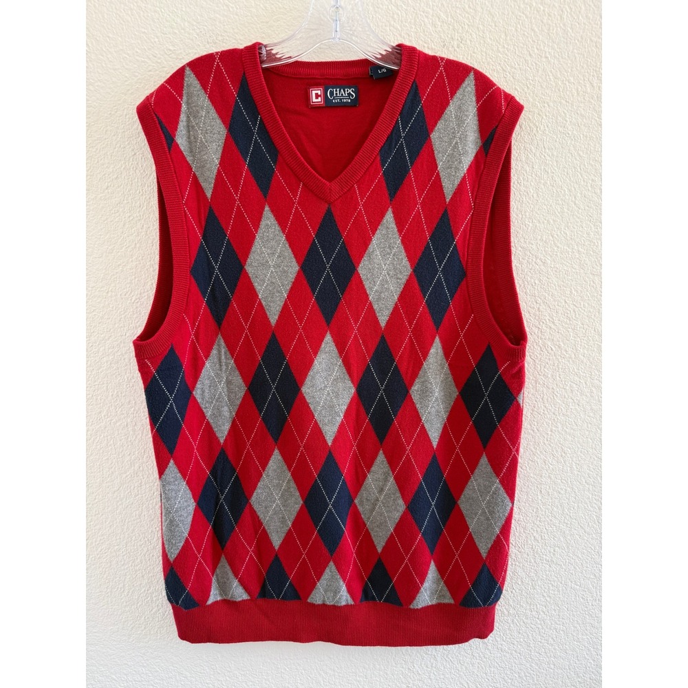 Chaps Mens Argyle Sweater Vest Red Navy Blue Grey 100% Cotton V-Neck Large